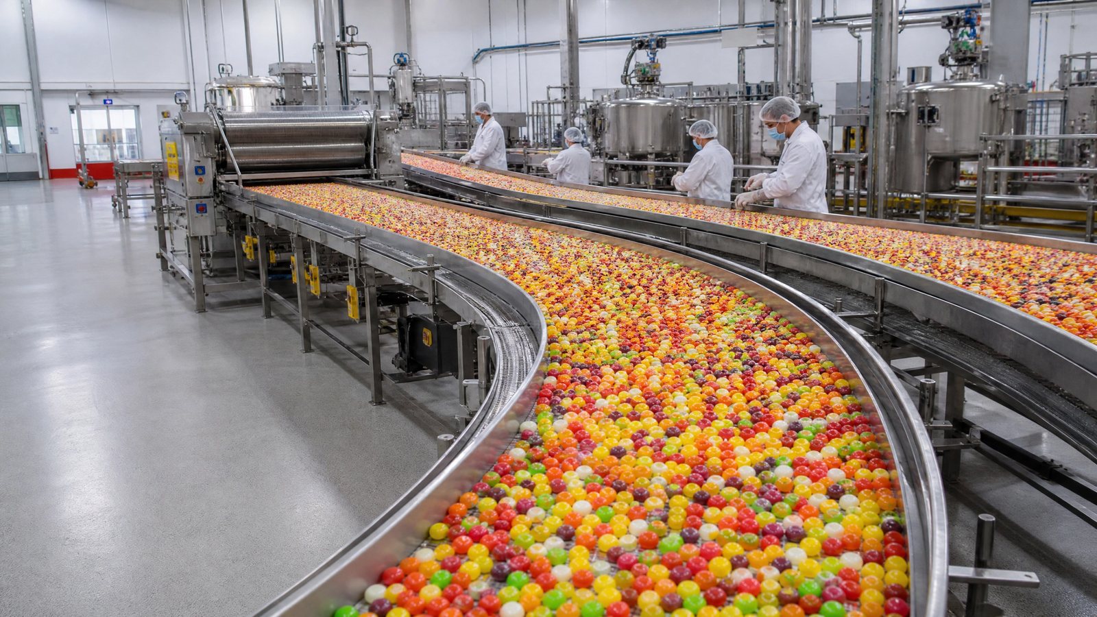 Linha de produção de balas coloridas em esteira de aço inox