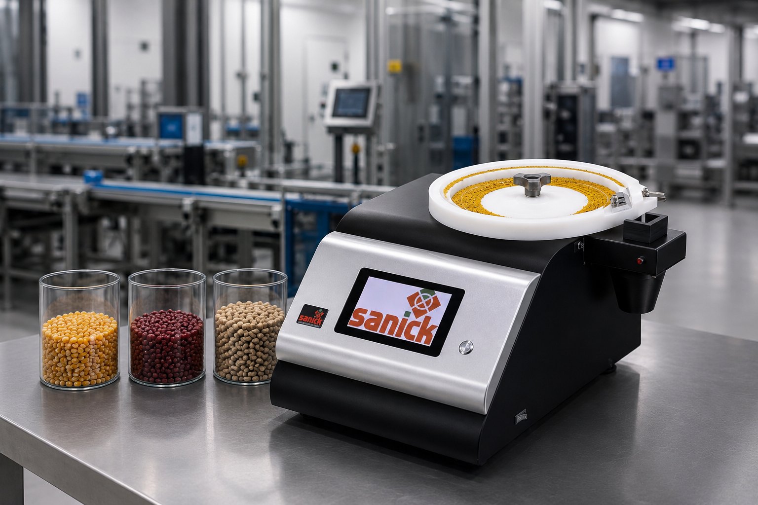 ESC 2020 sobre bancada de laboratório, ao lado de amostras de grãos em frascos