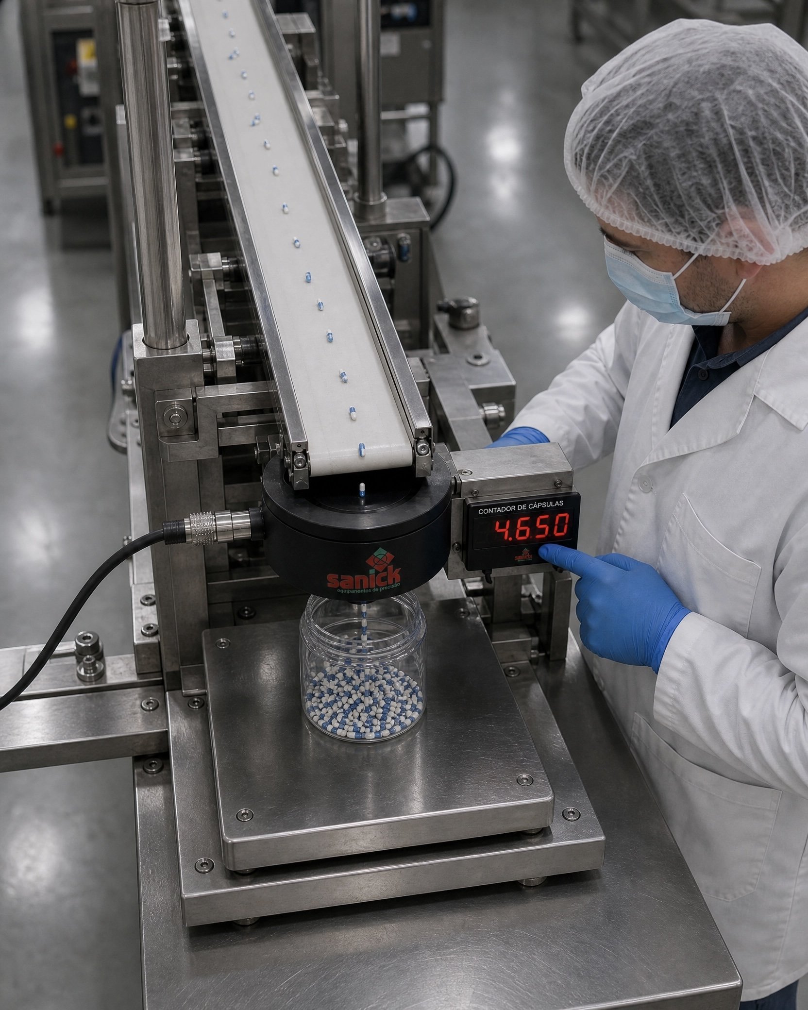 Operador utilizando sensor Sanick em linha de produção farmacêutica, contador digital marcando 4.650 cápsulas