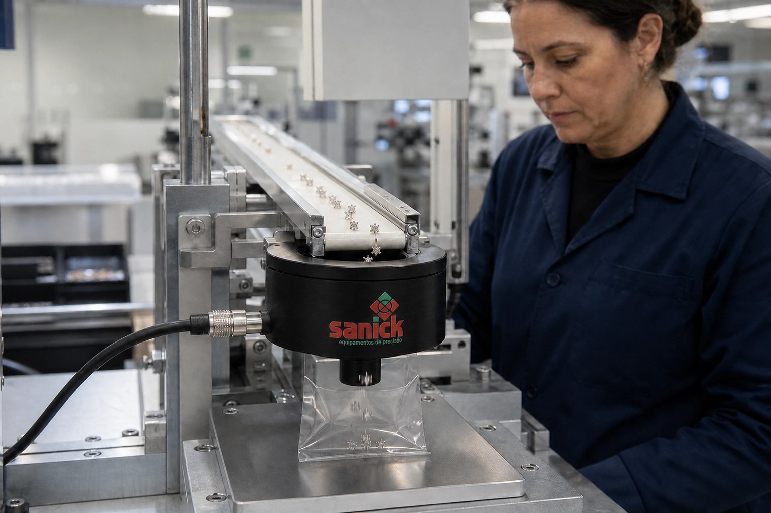 Operadora utilizando sensor Sanick em linha de produção industrial