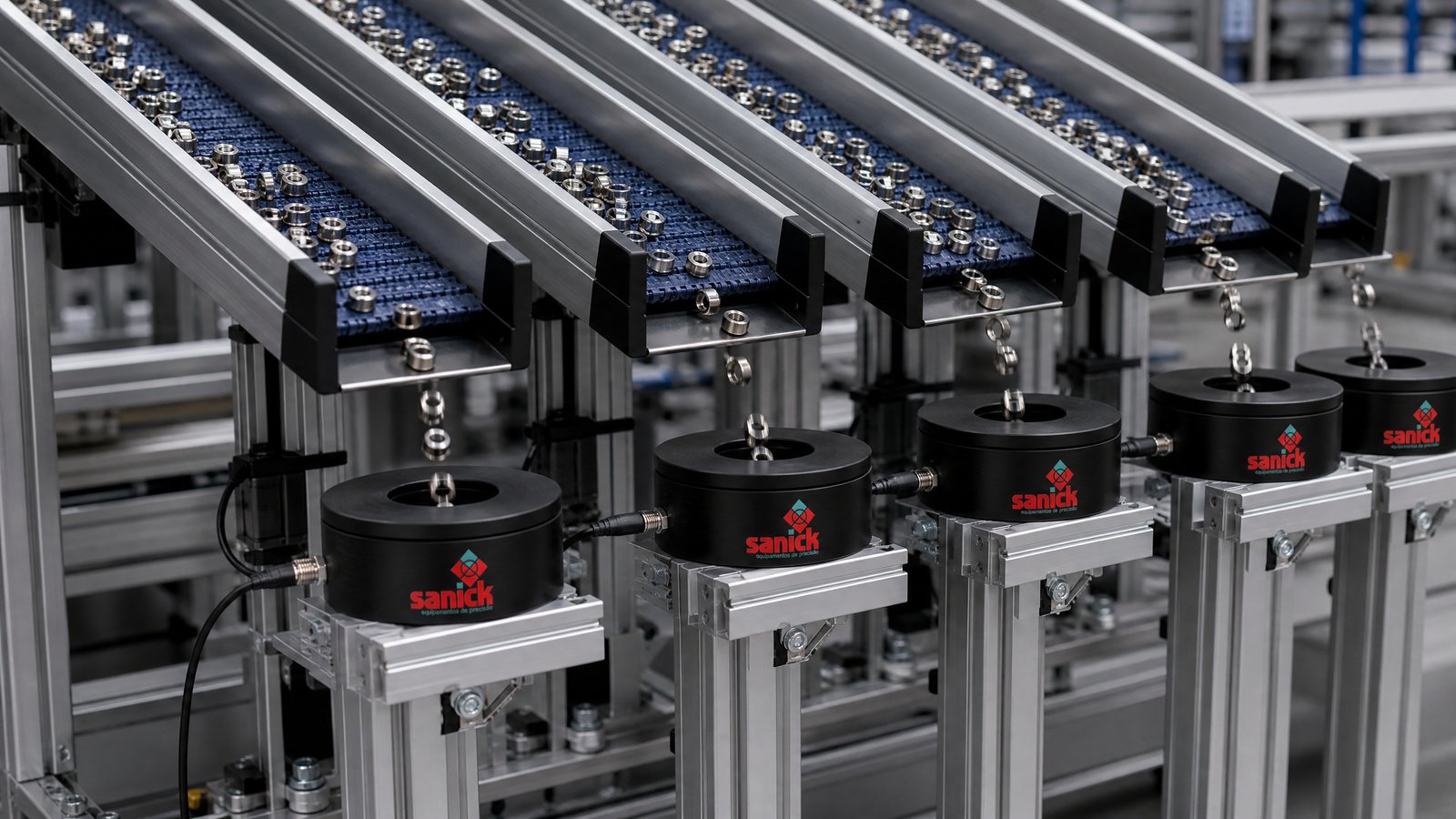 Quatro sensores Sanick Intelicount instalados em série sobre esteiras industriais paralelas