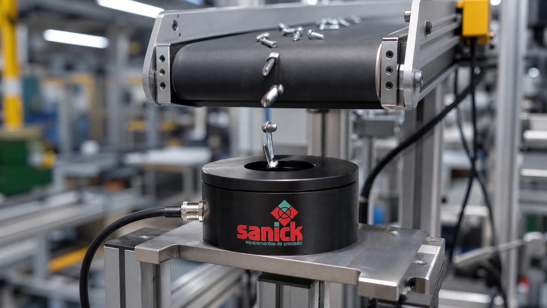 Sensor Sanick Intelicount contando parafusos em queda livre sob esteira industrial