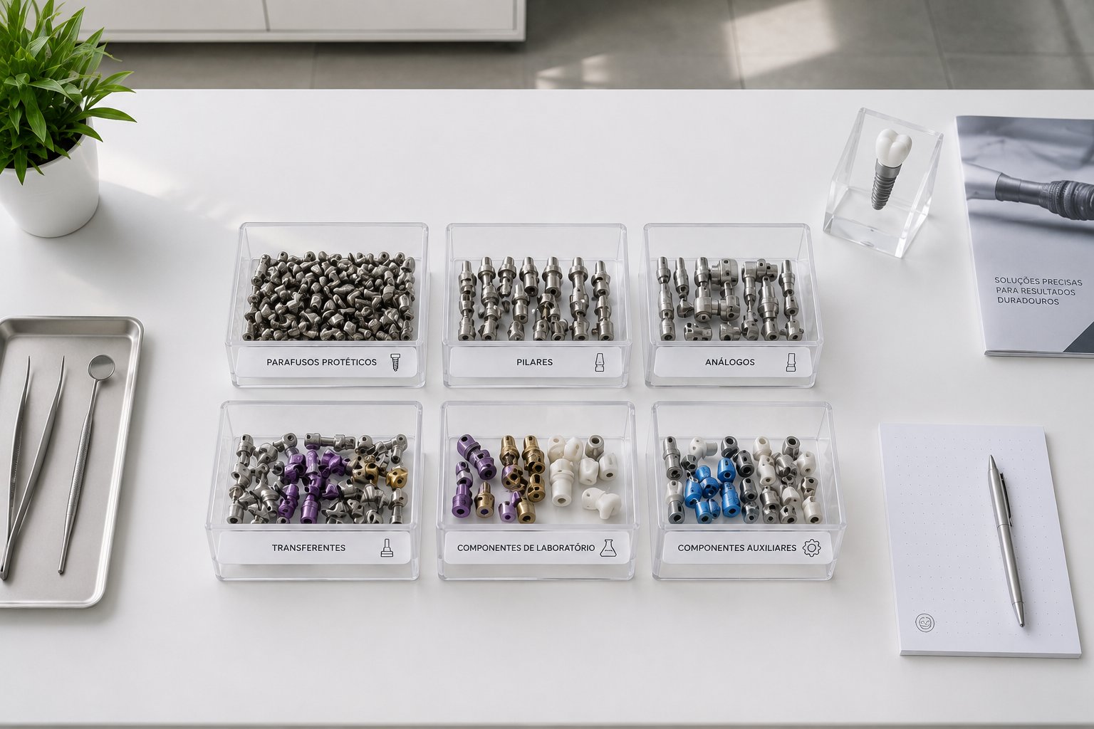 Caixas organizadoras com parafusos protéticos, pilares, análogos, transferentes e componentes de laboratório separados por tipo