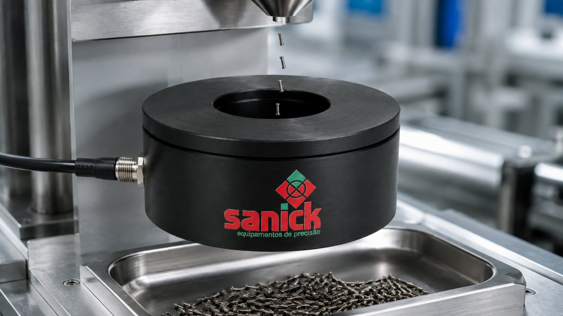 Sensor Sanick Intelicount contando parafusos protéticos em linha de produção de componentes odontológicos