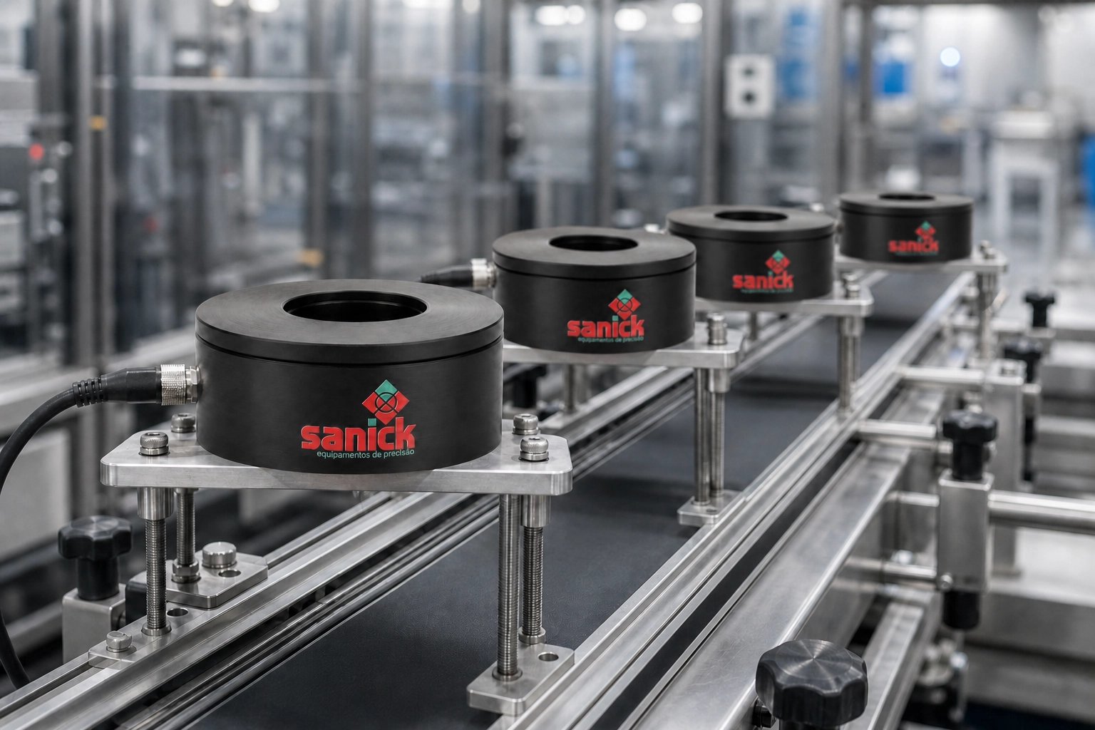 Sensores Sanick Intelicount instalados em sequência sobre esteiras de uma linha de produção industrial