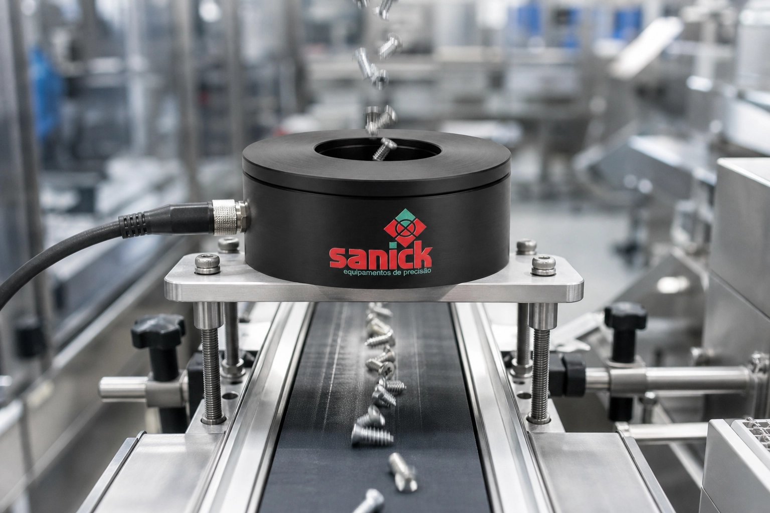 Sensor Sanick Intelicount instalado sobre esteira industrial, contando parafusos que caem pelo furo central