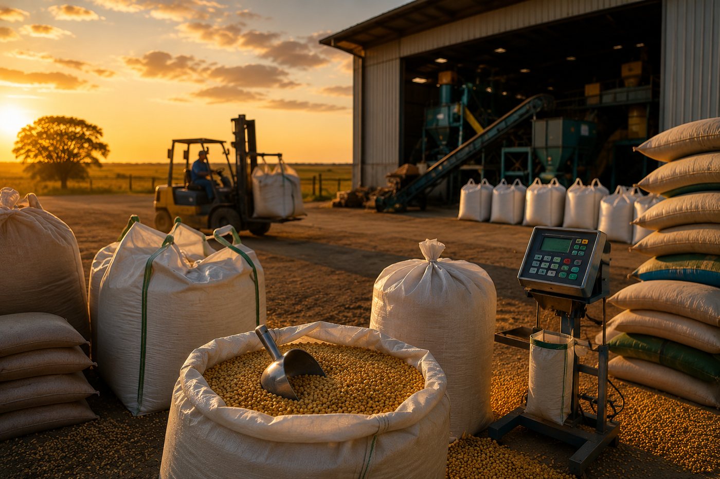 Big bags de soja e balança em pátio de unidade de beneficiamento ao entardecer
